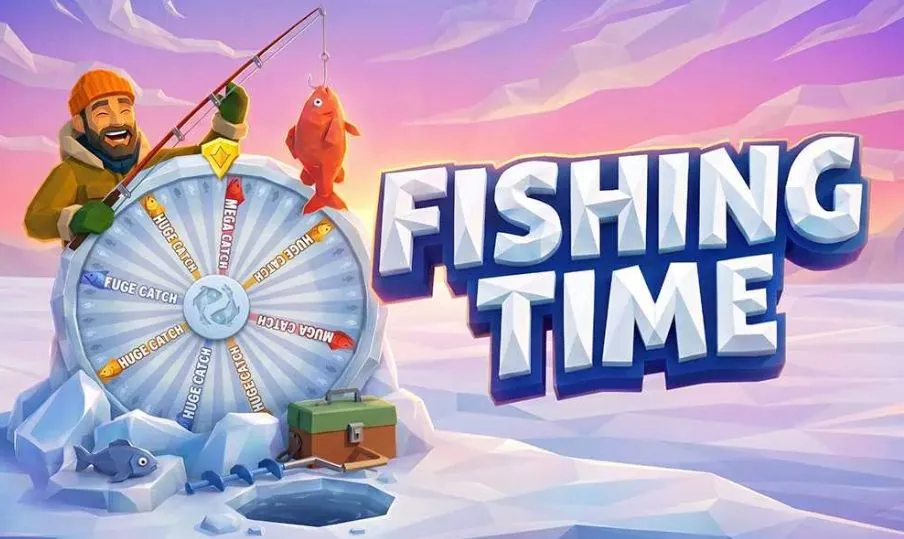 Обложка игры Fishing Time: рыбак с удочкой и колесо фортуны во льдах